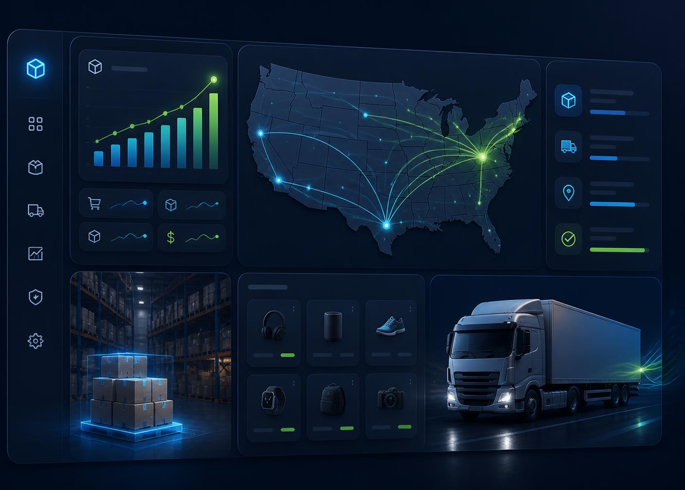 MerikoStore BD warehouse dashboard showing US shipping routes, live order analytics, and same-day fulfillment